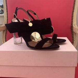 Black suede sandal heels. Clear heel with gold hardware.  L’autrechose